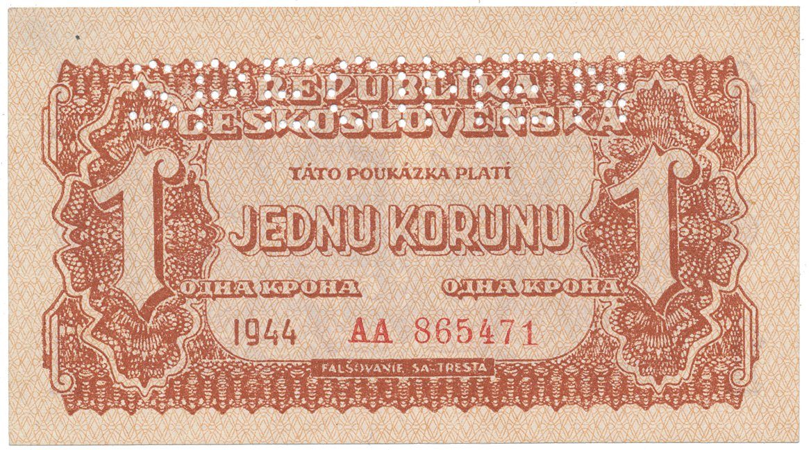 Československo, 1 Koruna 1944, první série AA, perf. 1x SPECIMEN nahoře, Hej.56a1.S1