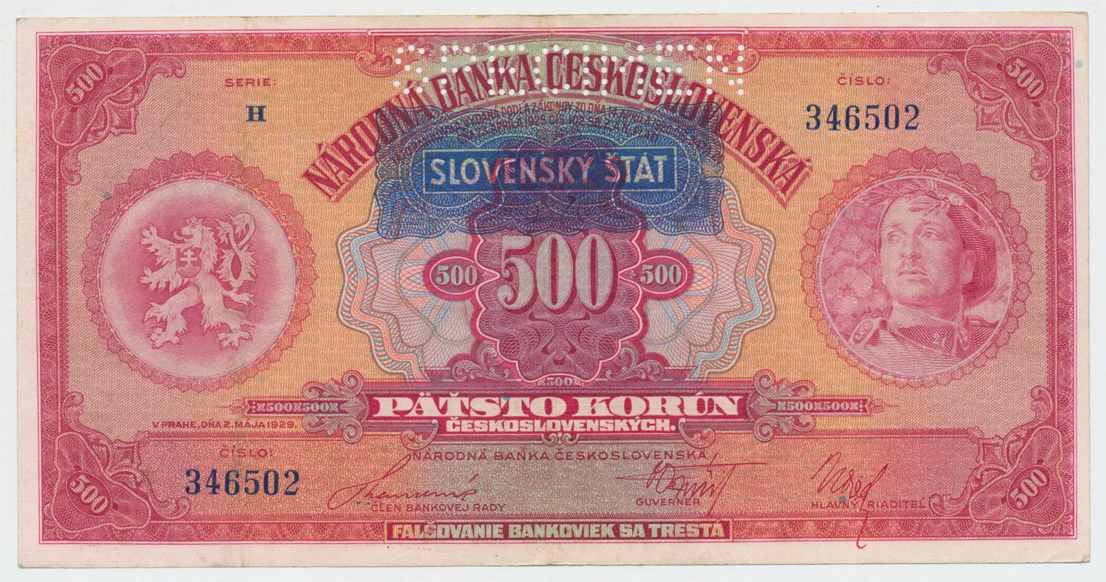 Slovensko, 500 Koruna 1929/1939 + přetisk, perf. 1x SPECIMEN, Hej.46a.S1