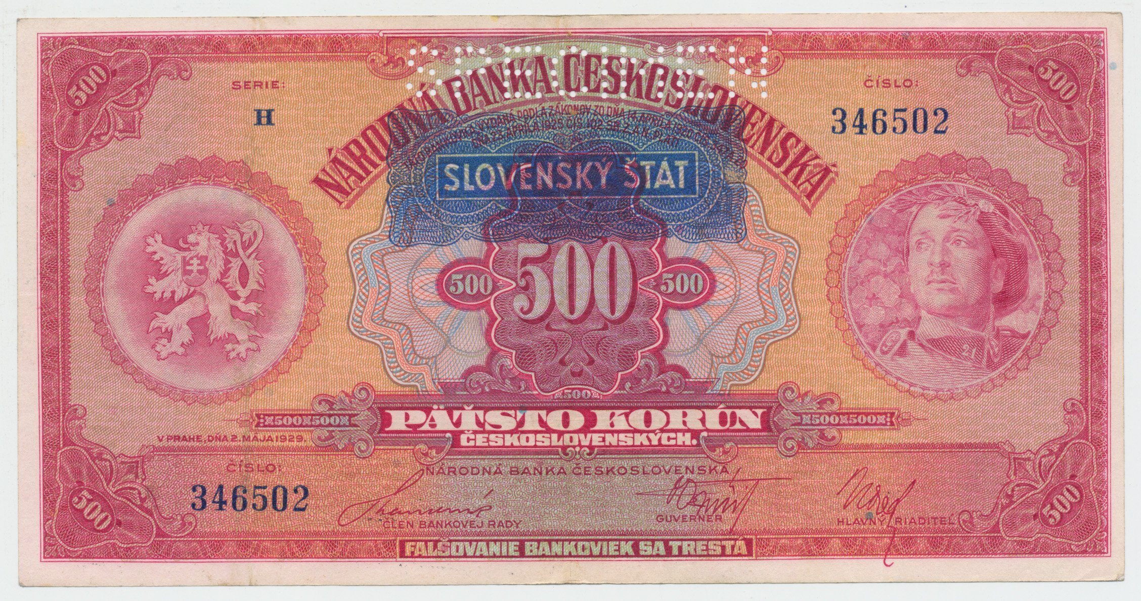 Slovensko, 500 Koruna 1929/1939 + přetisk, perf. 1x SPECIMEN, Hej.46a.S1