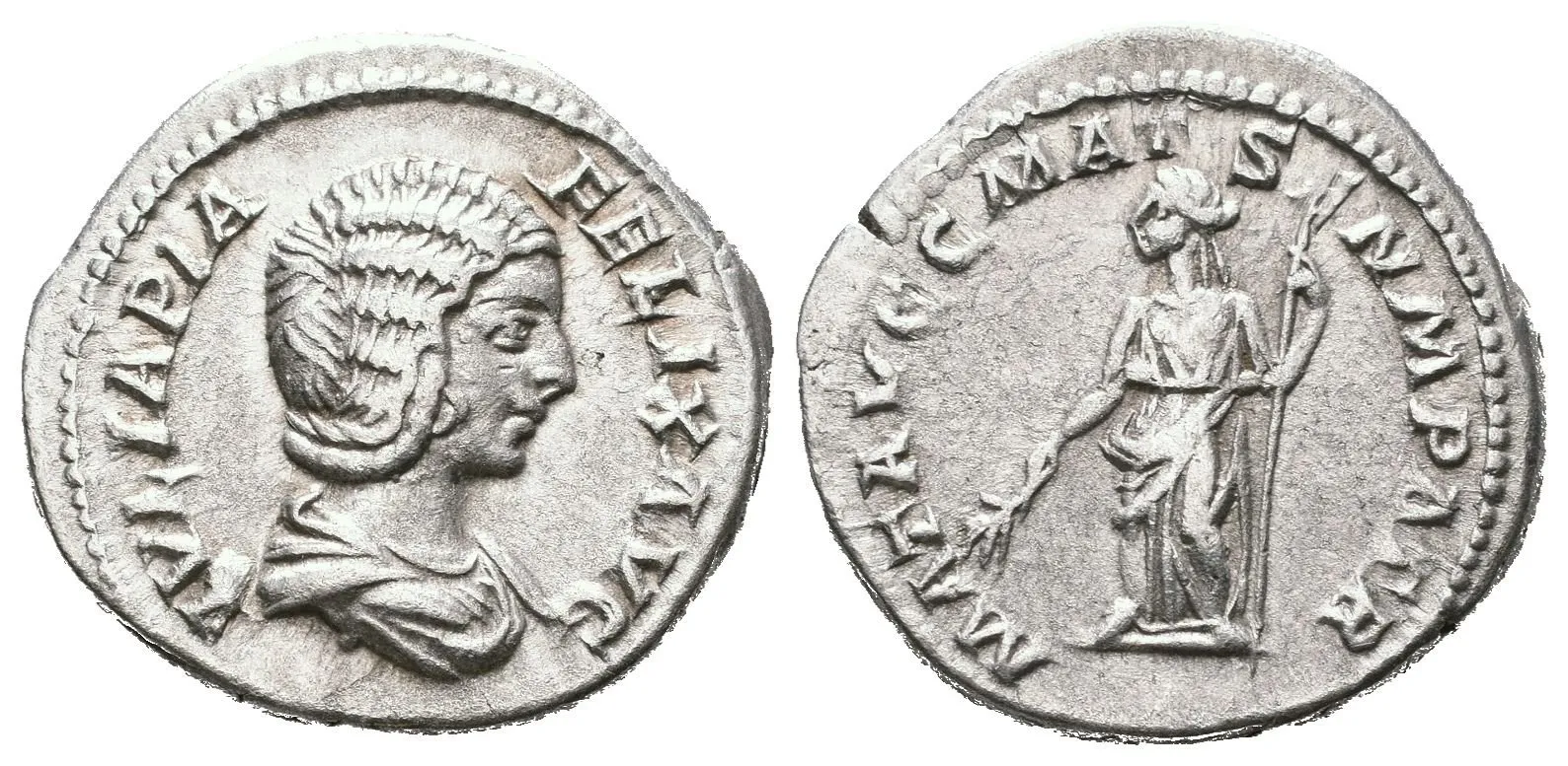 Denár, 211 - 217, Rv: MAT AVGG MAT SEN M PATR, Císařovna stojící vlevo, — 1