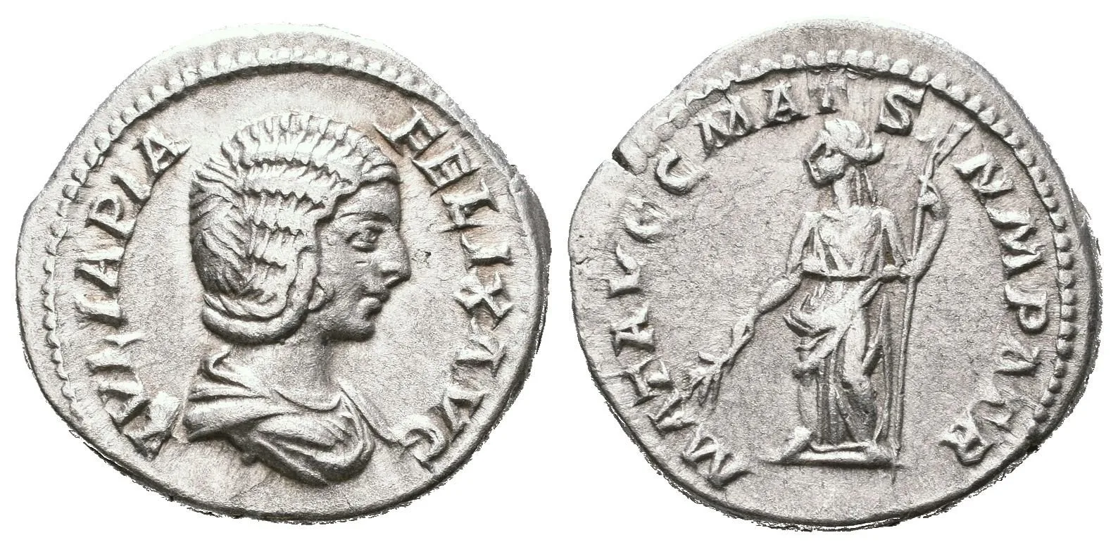 Denár, 211 - 217, Rv: MAT AVGG MAT SEN M PATR, Císařovna stojící vlevo, — 1