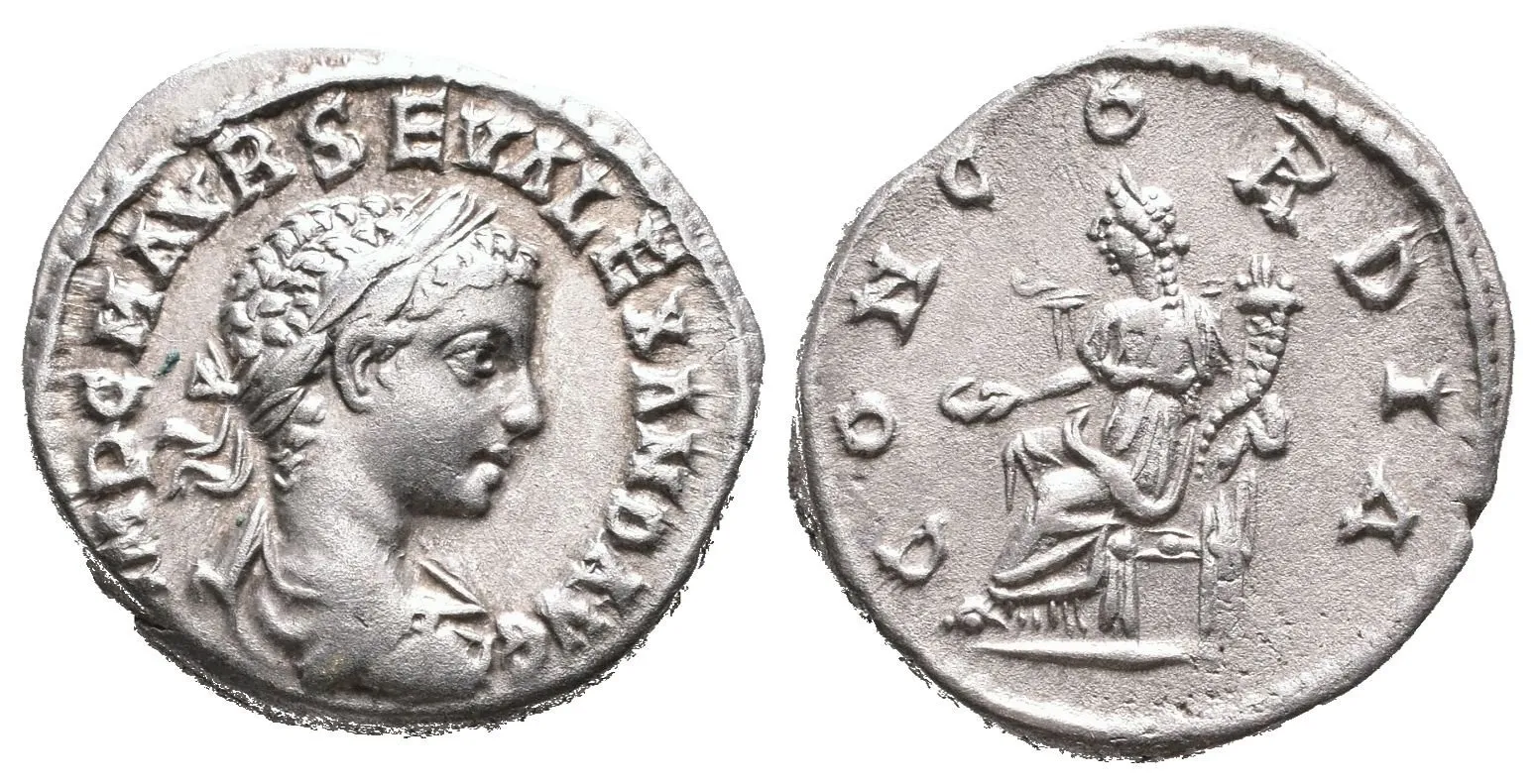 Denár, Antiochia, Rv: CONCORDIA, sedící Concordia zleva drží pateru a roh — 1