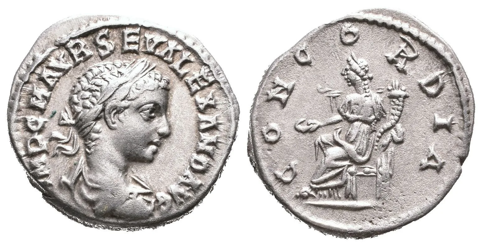 Denár, Antiochia, Rv: CONCORDIA, sedící Concordia zleva drží pateru a roh — 1