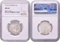 2 Koruna 1913, etue NGC, hodnocení MS 64, luxusní zachovalost, ražební lesk — 2