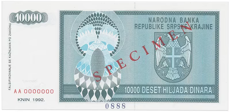 Chorvatsko - Srbská Krajina, 10.000 Dinara 1992, bankovní vzor, AA 0000000, přet. SPECIMEN, P.R7s