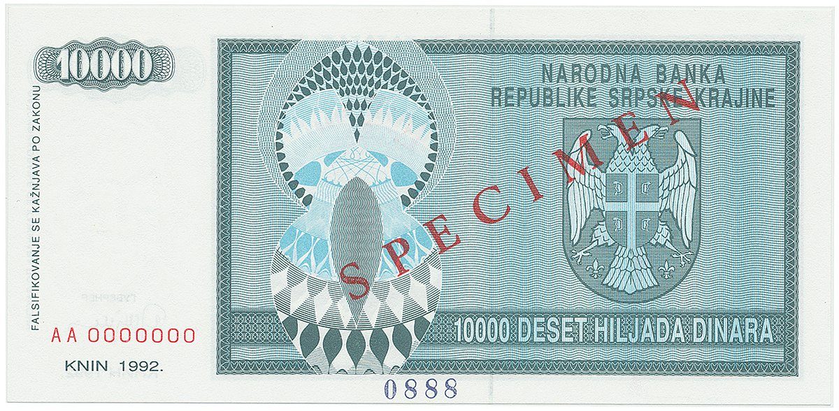 Chorvatsko - Srbská Krajina, 10.000 Dinara 1992, bankovní vzor, AA 0000000, přet. SPECIMEN, P.R7s