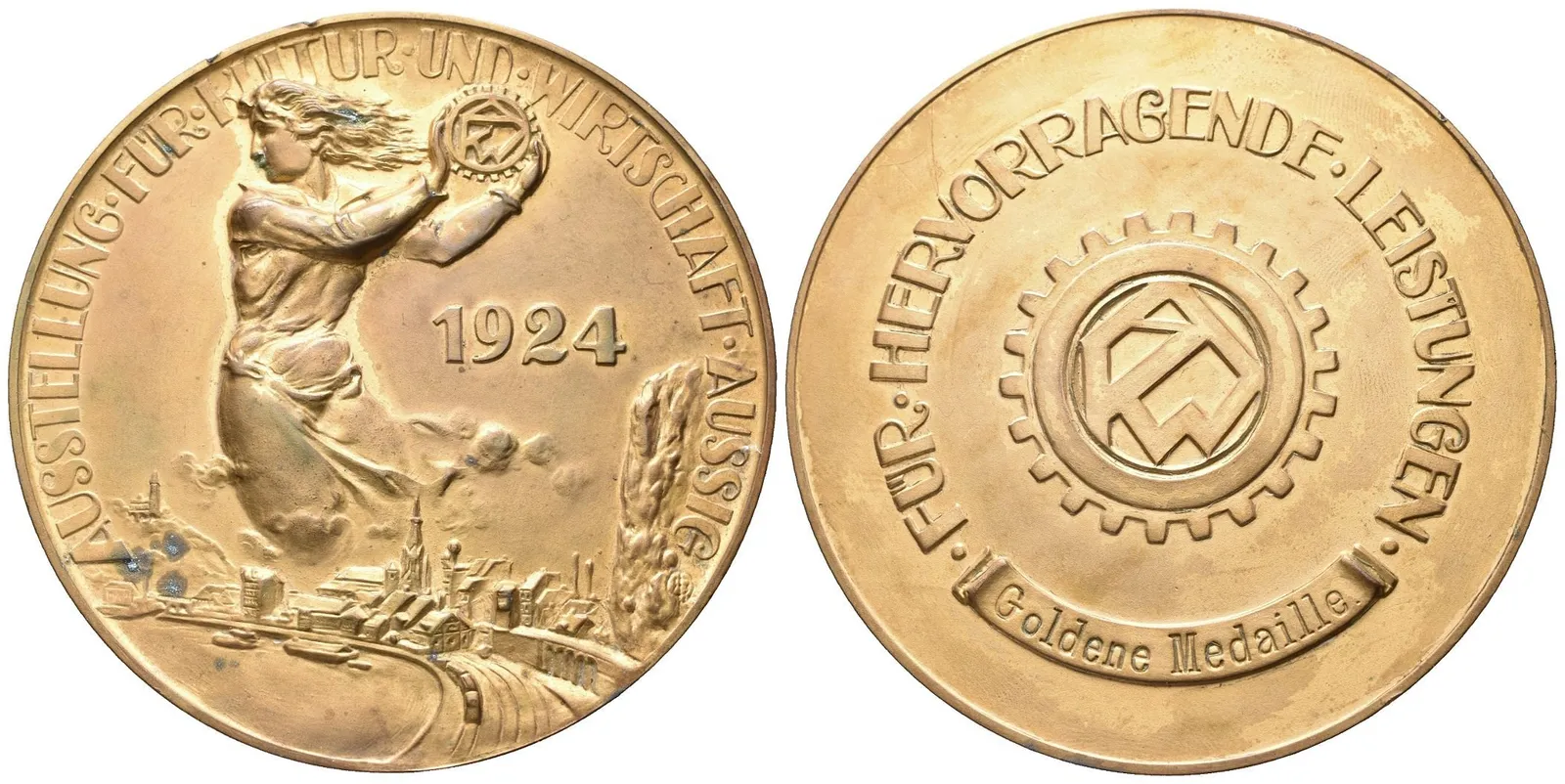 AE Medaile 1924 - Zlatá medaile z výstavy pro kulturu a hospodářství. Alegorická postava — 1