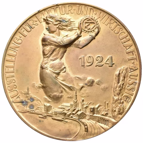 AE Medaile 1924 - Zlatá medaile z výstavy pro kulturu a hospodářství. Alegorická postava