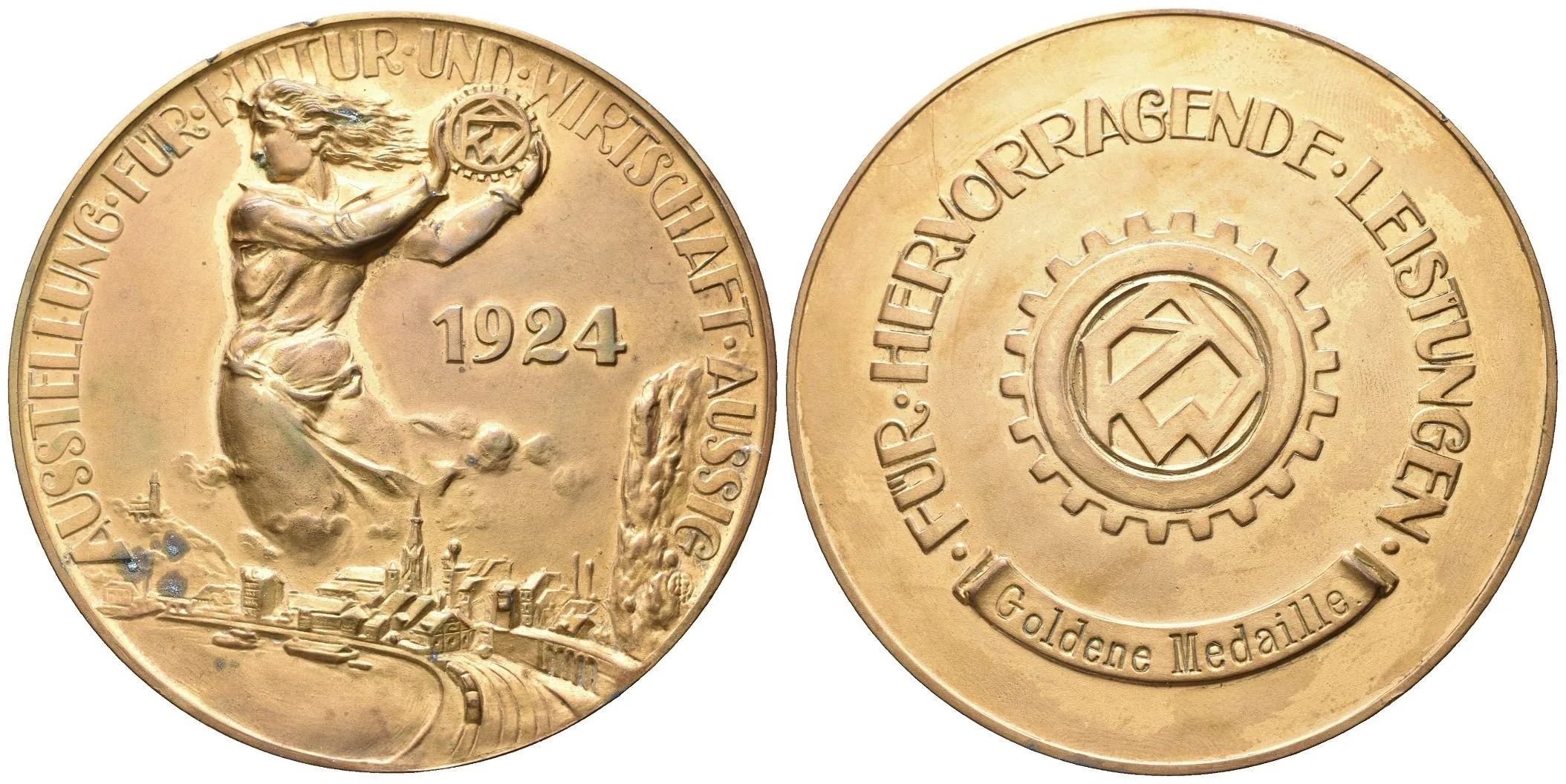 AE Medaile 1924 - Zlatá medaile z výstavy pro kulturu a hospodářství. Alegorická postava — 1