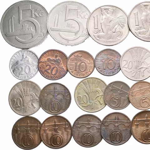 Soubor oběžných mincí 5, 10, 20 Haléř a 1 a 5 Koruna 1922 - 1942 +