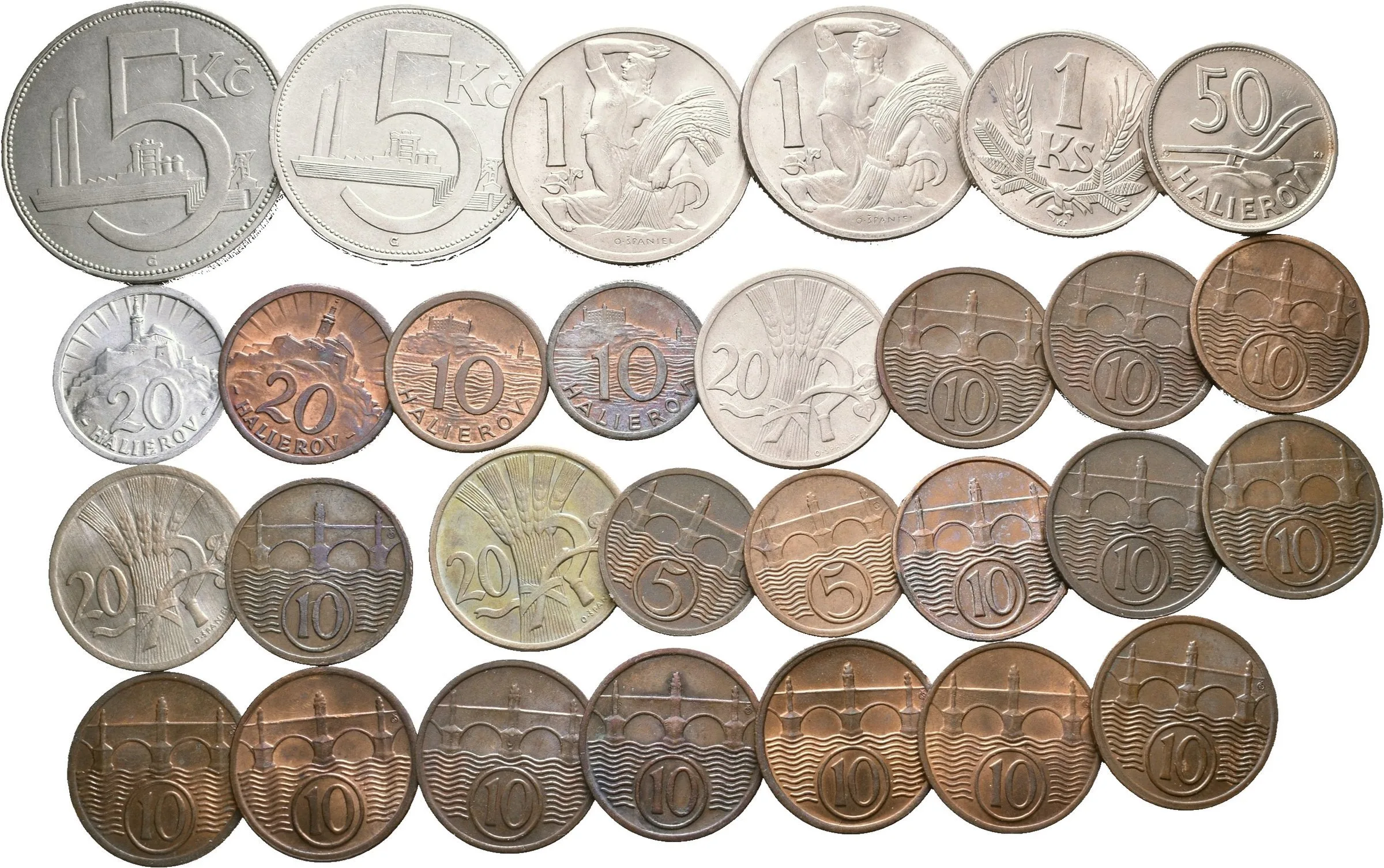 Soubor oběžných mincí 5, 10, 20 Haléř a 1 a 5 Koruna 1922 - 1942 + — 1