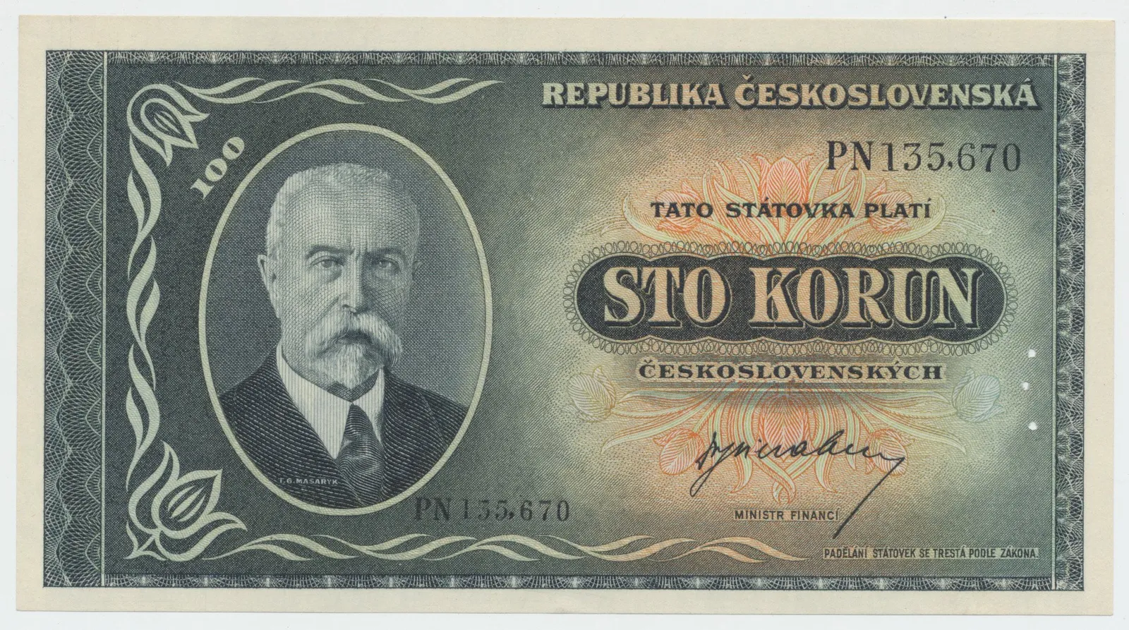 Československo, 100 Koruna b.d. (1945), perforace 3 md v obloučku, Hej.74a.S2