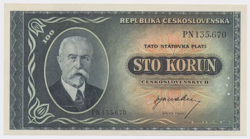 Československo, 100 Koruna b.d. (1945), perforace 3 md v obloučku, Hej.74a.S2