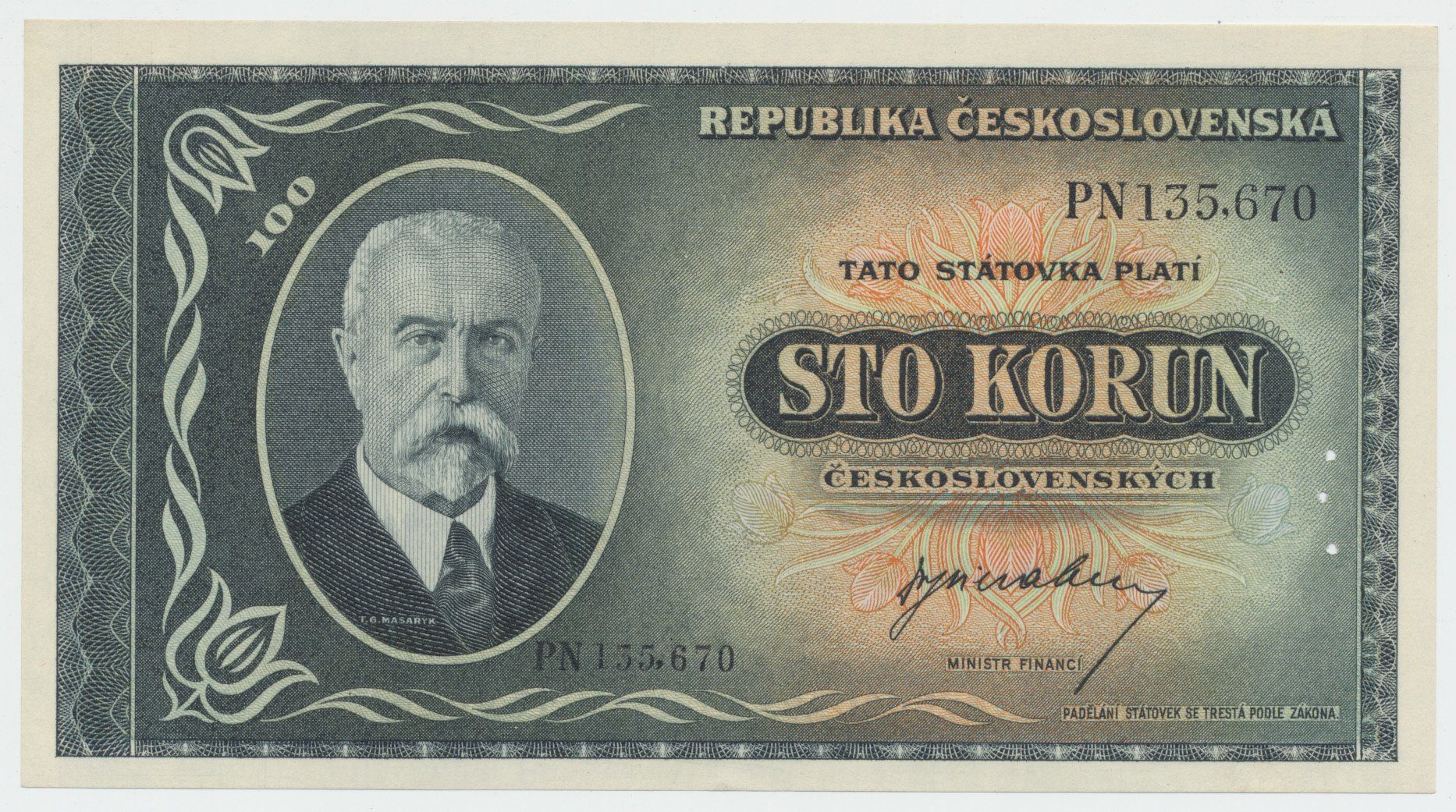Československo, 100 Koruna b.d. (1945), perforace 3 md v obloučku, Hej.74a.S2
