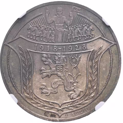 AR Medaile 1928 - 10. výročí republiky. Sv. Prokop orá s čertem, nad nimi havíř, opis /