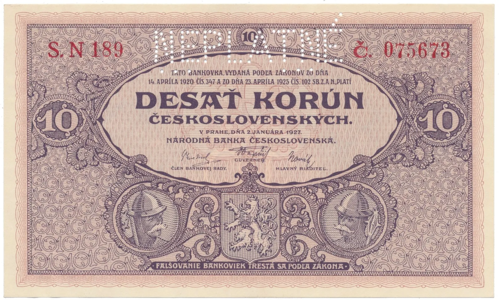 10 Koruna 1927, série N, NEPLATNÉ, Hej.22b.S2