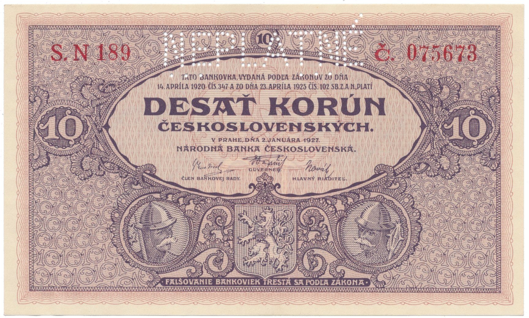 10 Koruna 1927, série N, NEPLATNÉ, Hej.22b.S2