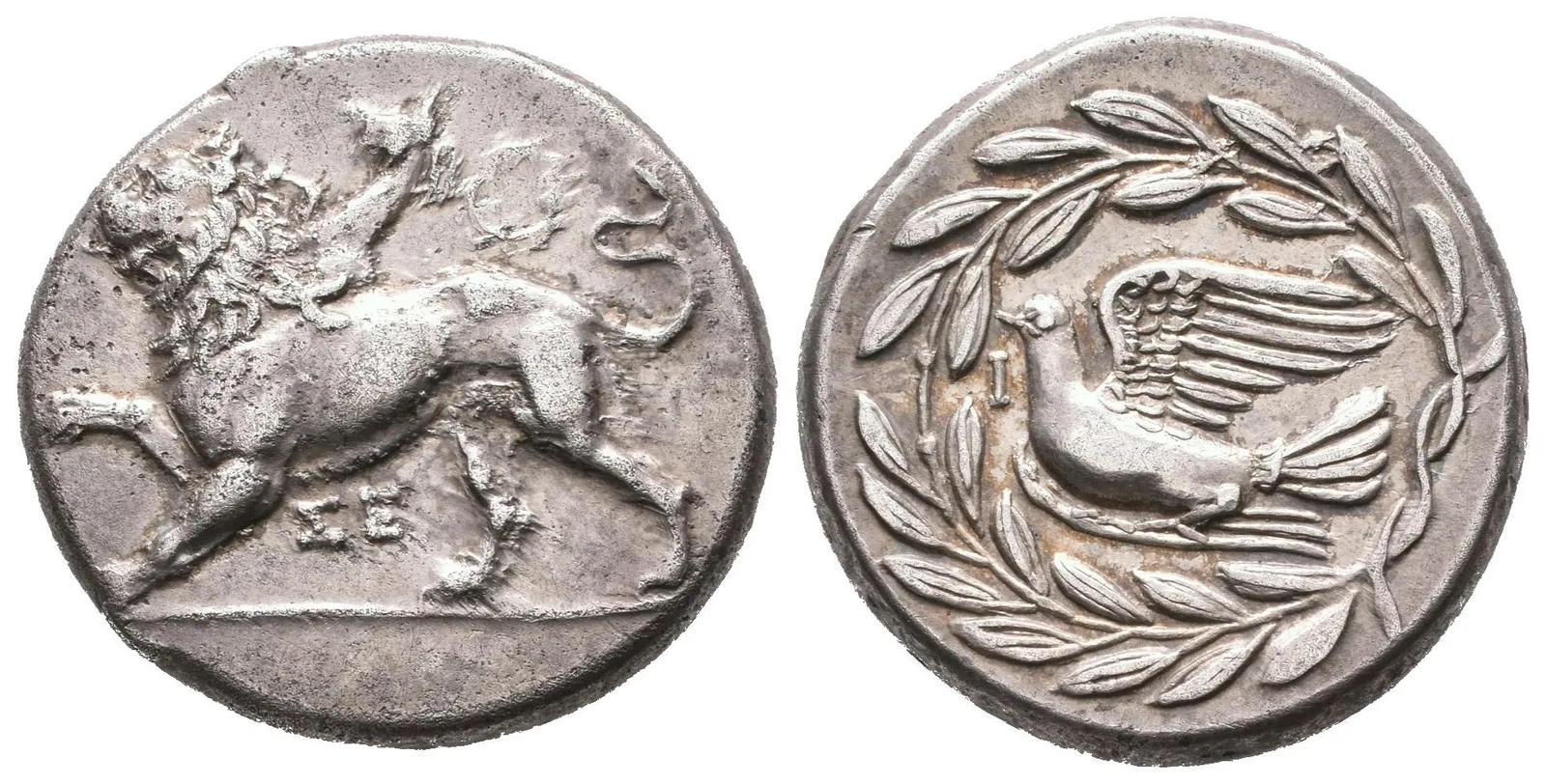 Statér, 340 - 330 př. Kr., Chiméra stojící zleva, nad ní věnec, pod ní — 1