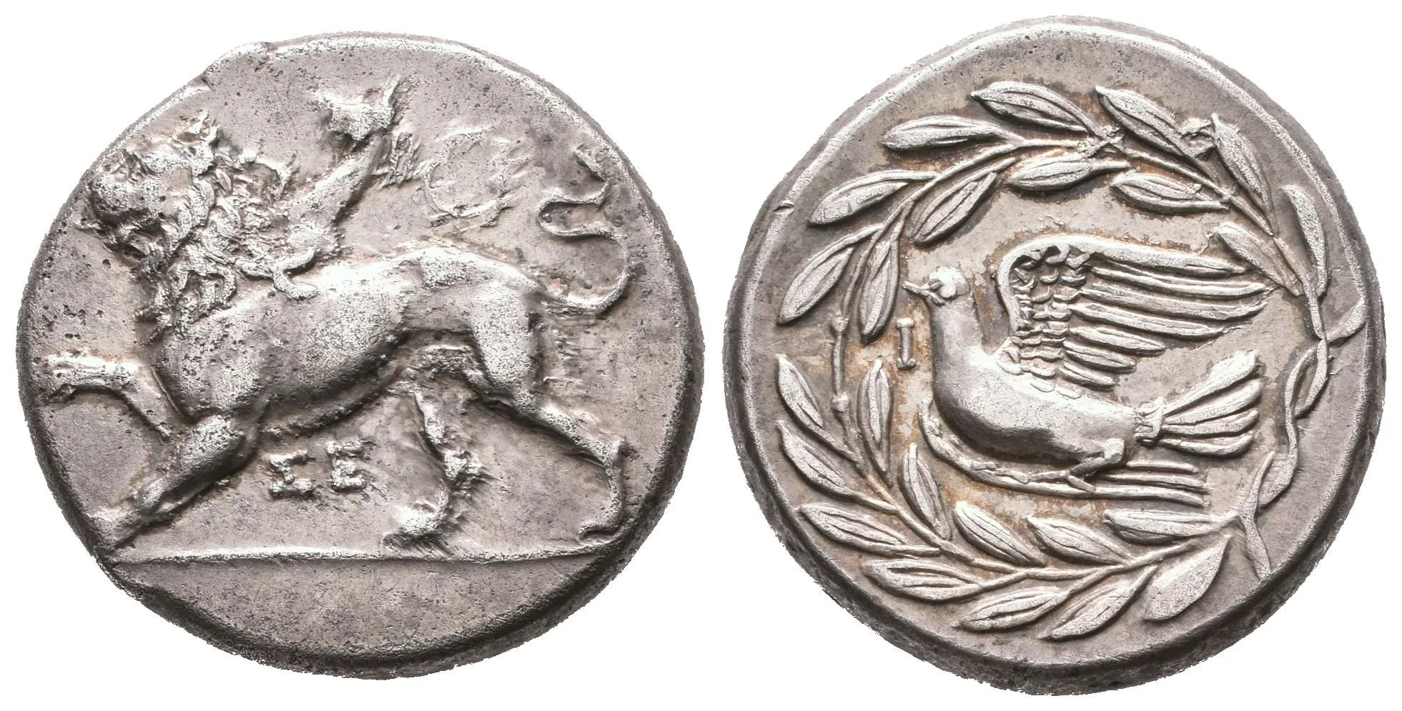 Statér, 340 - 330 př. Kr., Chiméra stojící zleva, nad ní věnec, pod ní — 1