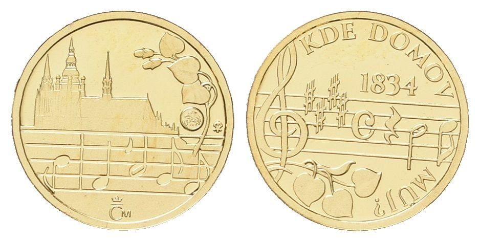 Zlatá mince Kde domov můj - dobová pohlednice
