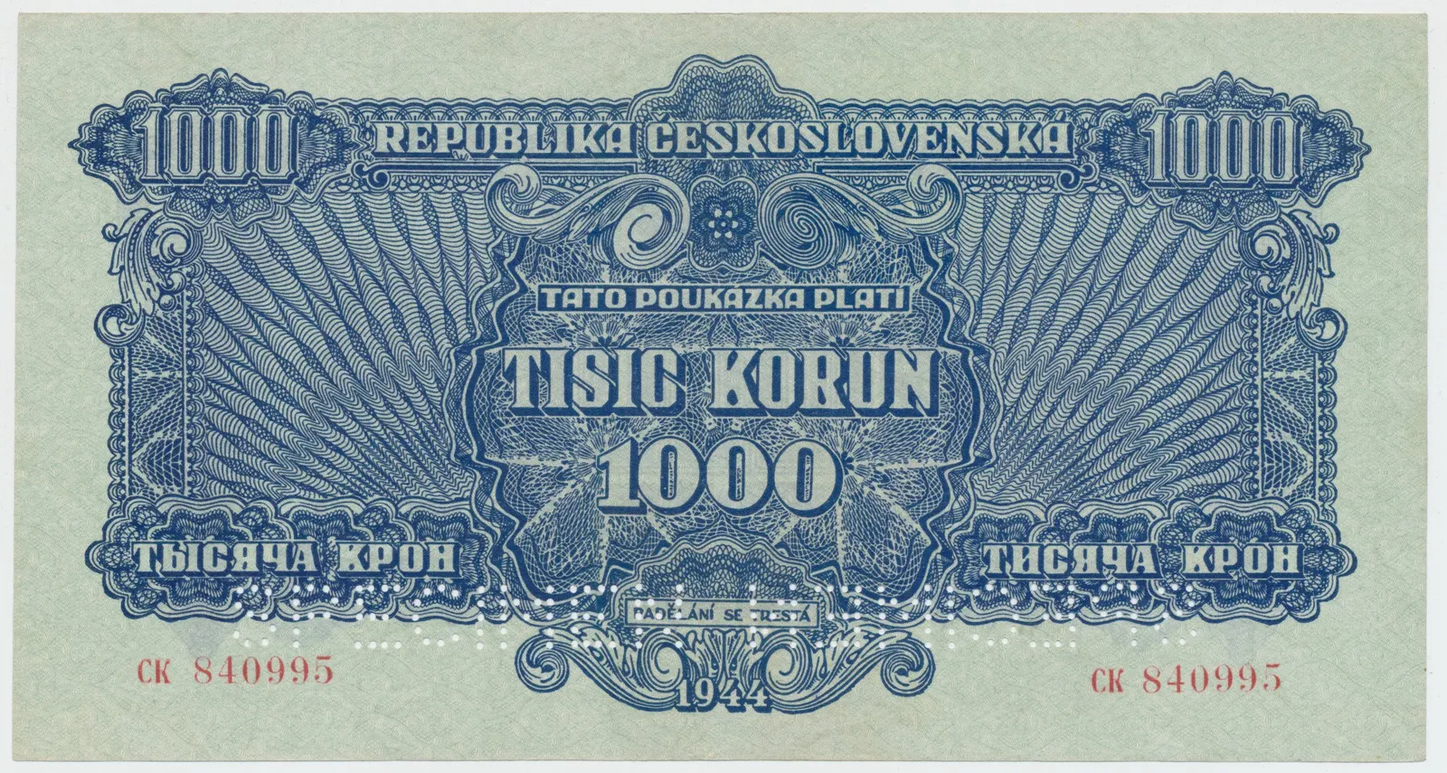 Československo, 1000 Koruna 1944, perf. 2x SPECIMEN dole, Hej.61a.S3