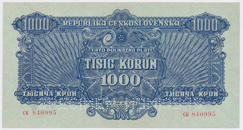 Československo, 1000 Koruna 1944, perf. 2x SPECIMEN dole, Hej.61a.S3