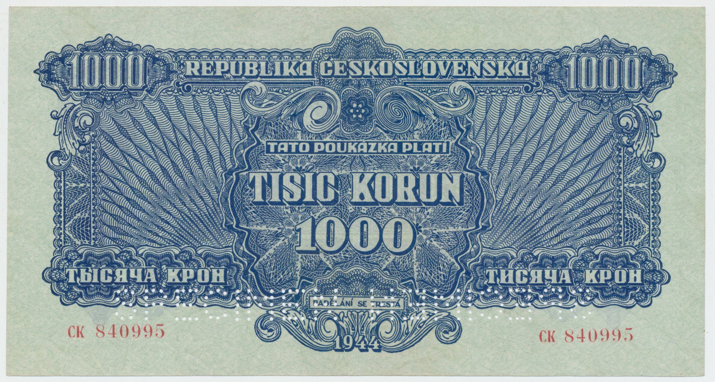 Československo, 1000 Koruna 1944, perf. 2x SPECIMEN dole, Hej.61a.S3