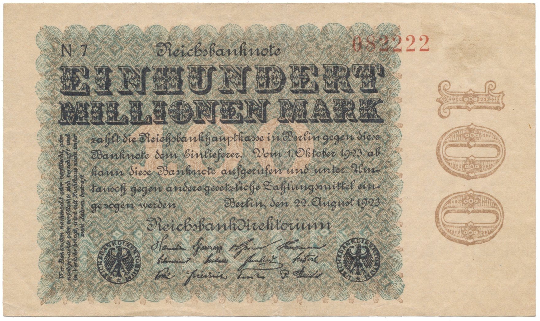 Německo, 100 Millionen Mark 1923, Kreuzblütten, Ro.106h