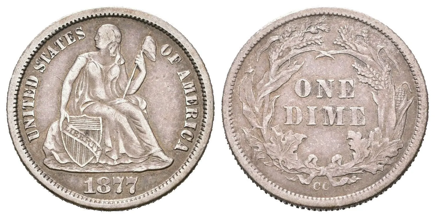 Dime 1877 CC, Carson City, KM.105, velmi pěkná zachovalost, patina, zbytky lesku, — 1
