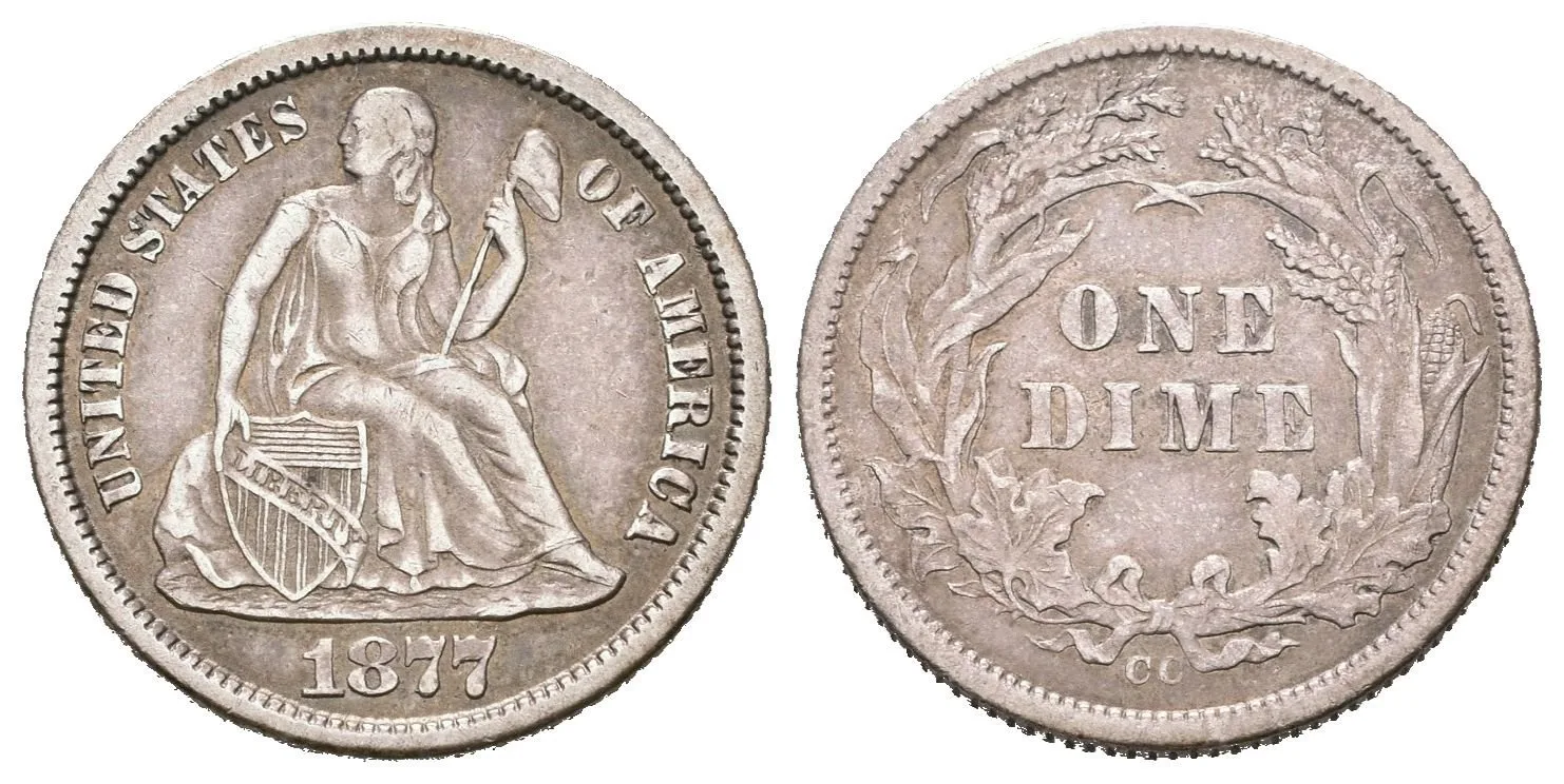 Dime 1877 CC, Carson City, KM.105, velmi pěkná zachovalost, patina, zbytky lesku, — 1