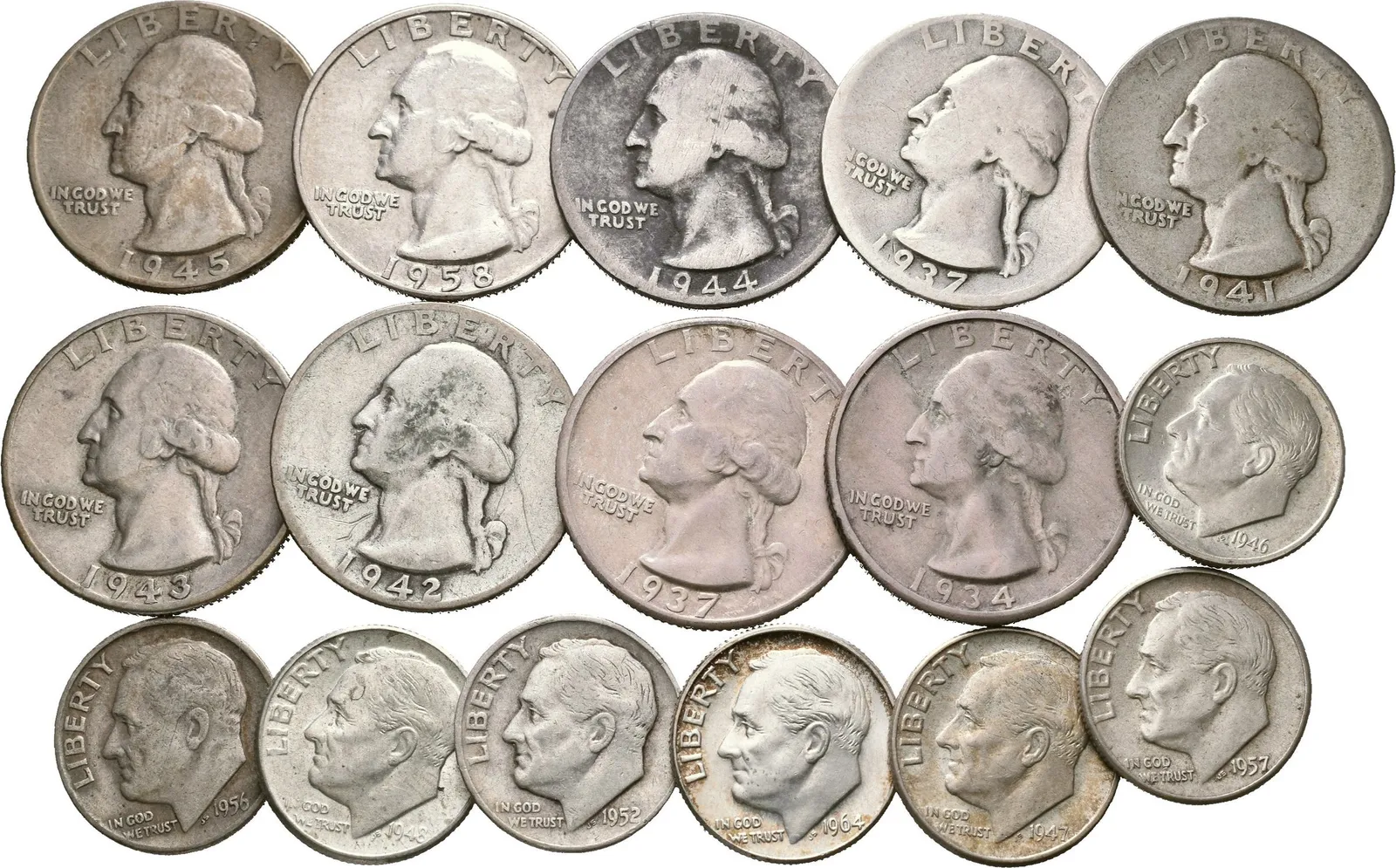 Soubor mincí - 1/4 Dollar 1934, 1937, 1937 D, 1941, 1942, 1945 — 1