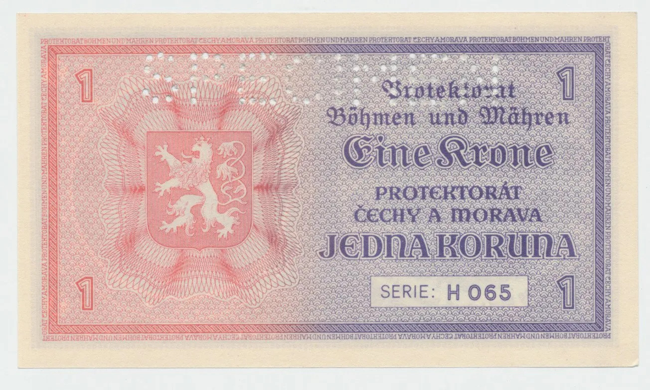 Protektorát Čechy a Morava, 1 Koruna b.d. (1940), tisk Haase, série H, perf. 1x SPECIMEN z rubu, Hej.30b.S4