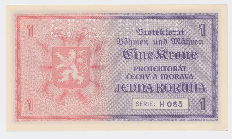 Protektorát Čechy a Morava, 1 Koruna b.d. (1940), tisk Haase, série H, perf. 1x SPECIMEN z rubu, Hej.30b.S4