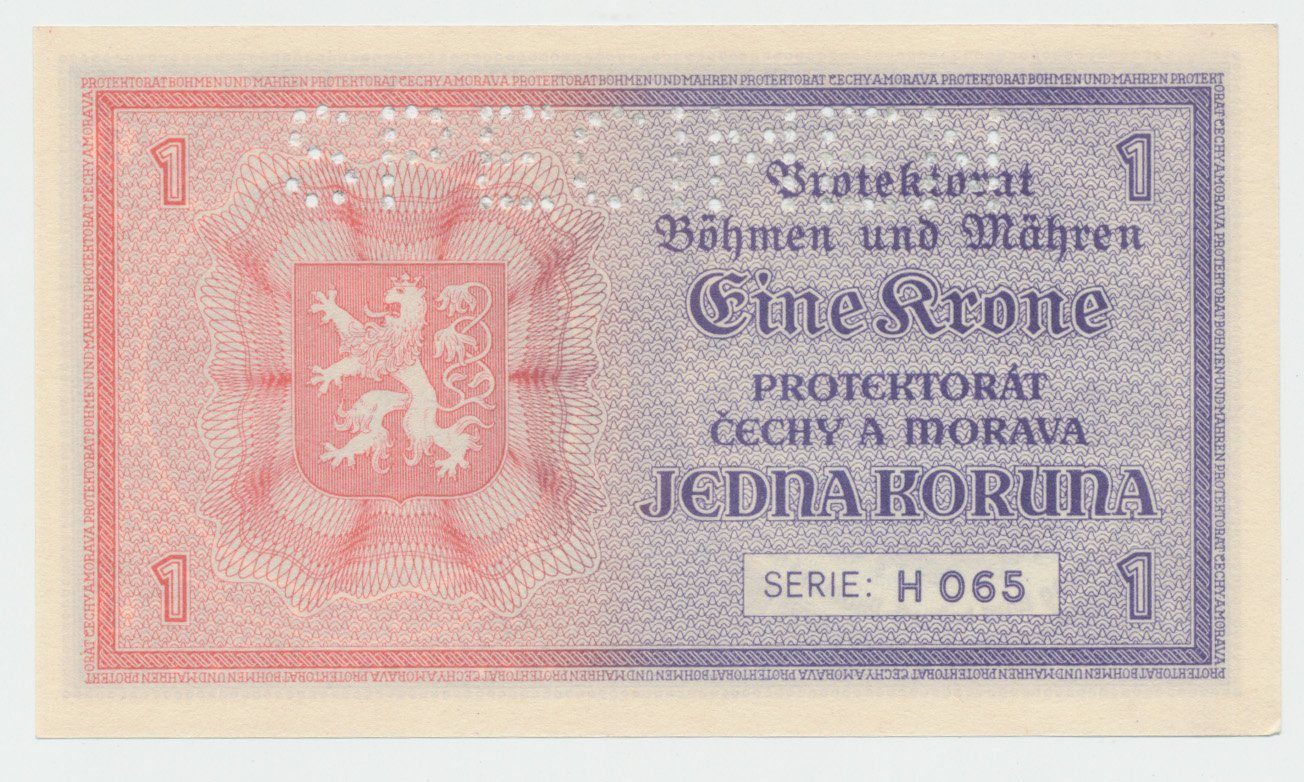 Protektorát Čechy a Morava, 1 Koruna b.d. (1940), tisk Haase, série H, perf. 1x SPECIMEN z rubu, Hej.30b.S4