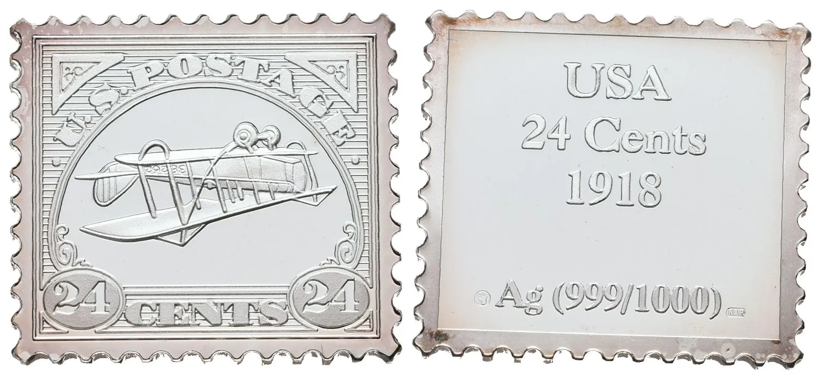 Stříbrná známka - Americká 'Obrácená Jenny' z roku 1918 - Ag 6 g - 999/1000