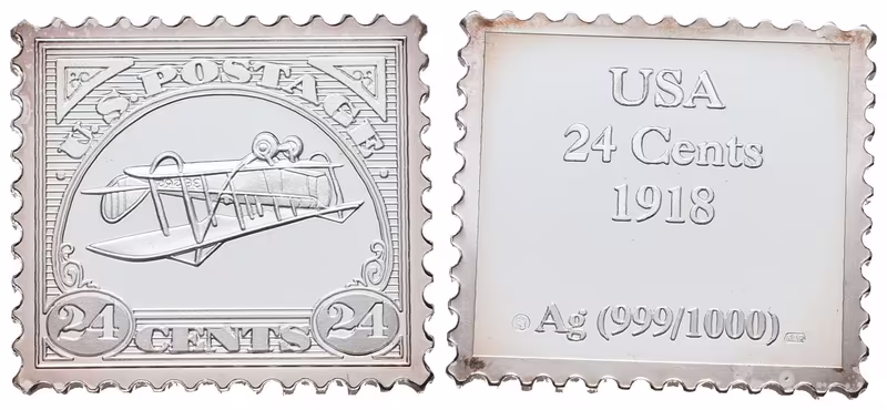 Stříbrná známka - Americká 'Obrácená Jenny' z roku 1918 - Ag 6 g - 999/1000