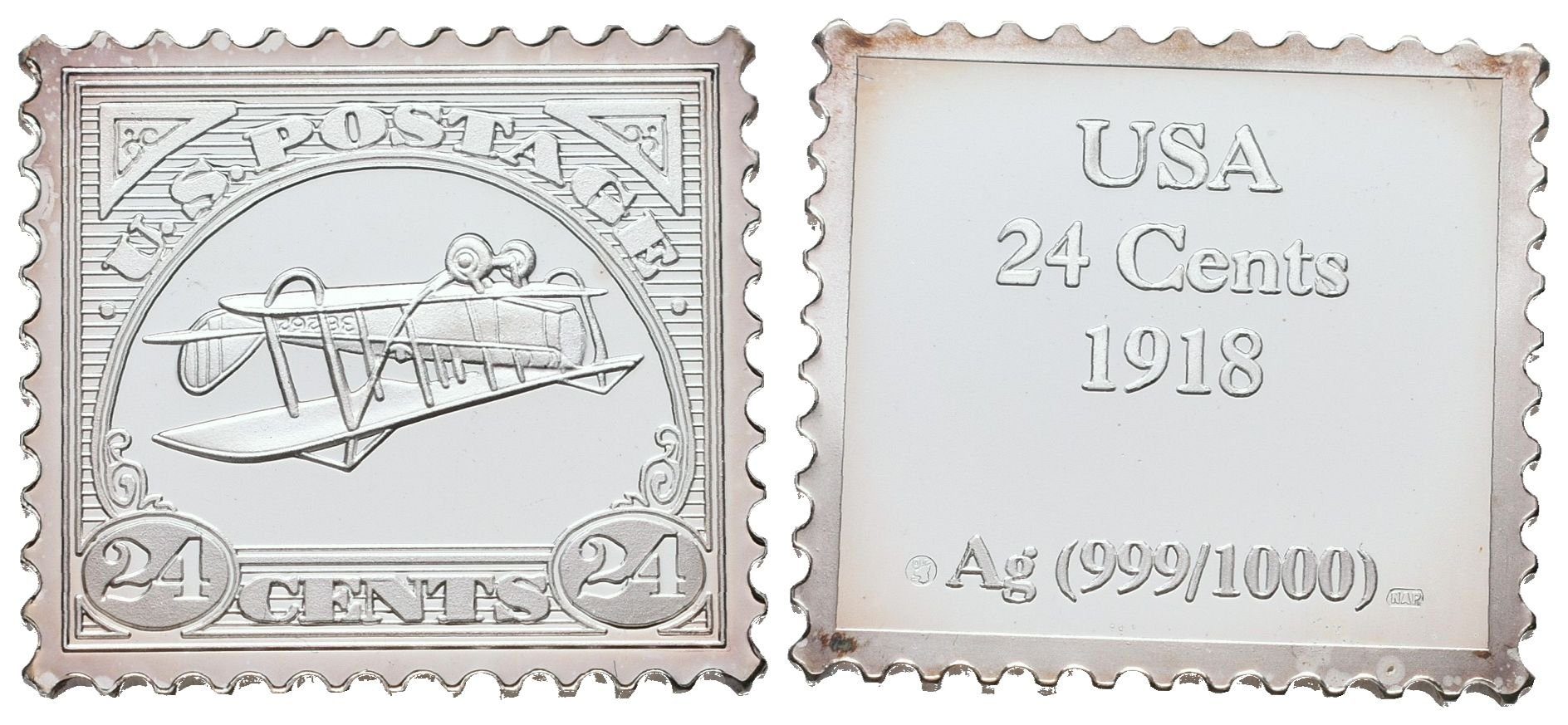 Stříbrná známka - Americká 'Obrácená Jenny' z roku 1918 - Ag 6 g - 999/1000