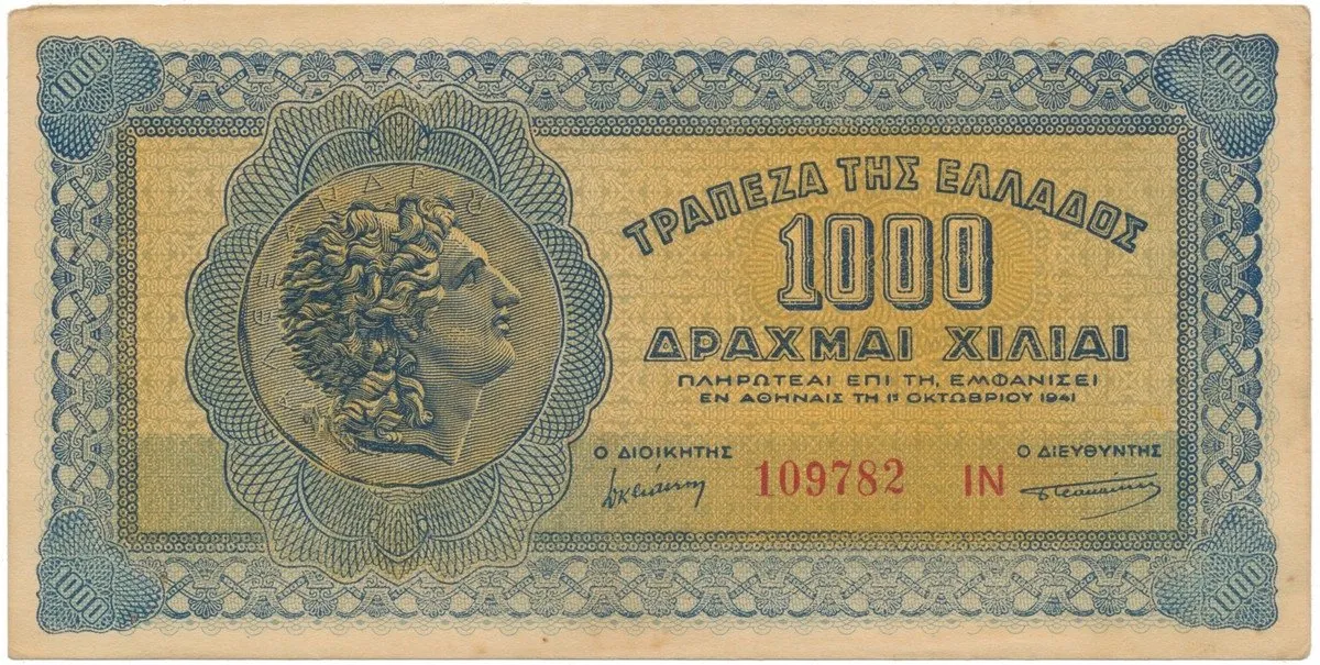Řecko, 1000 Drachmai 1941, kontrolní číslo + série, P.117b