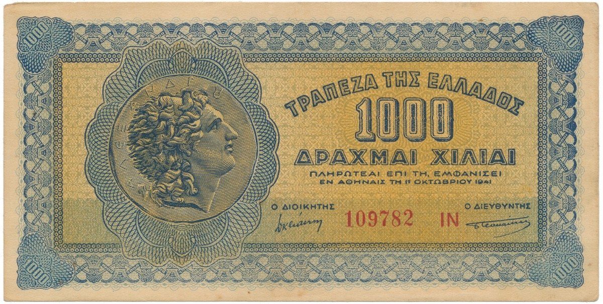 Řecko, 1000 Drachmai 1941, kontrolní číslo + série, P.117b