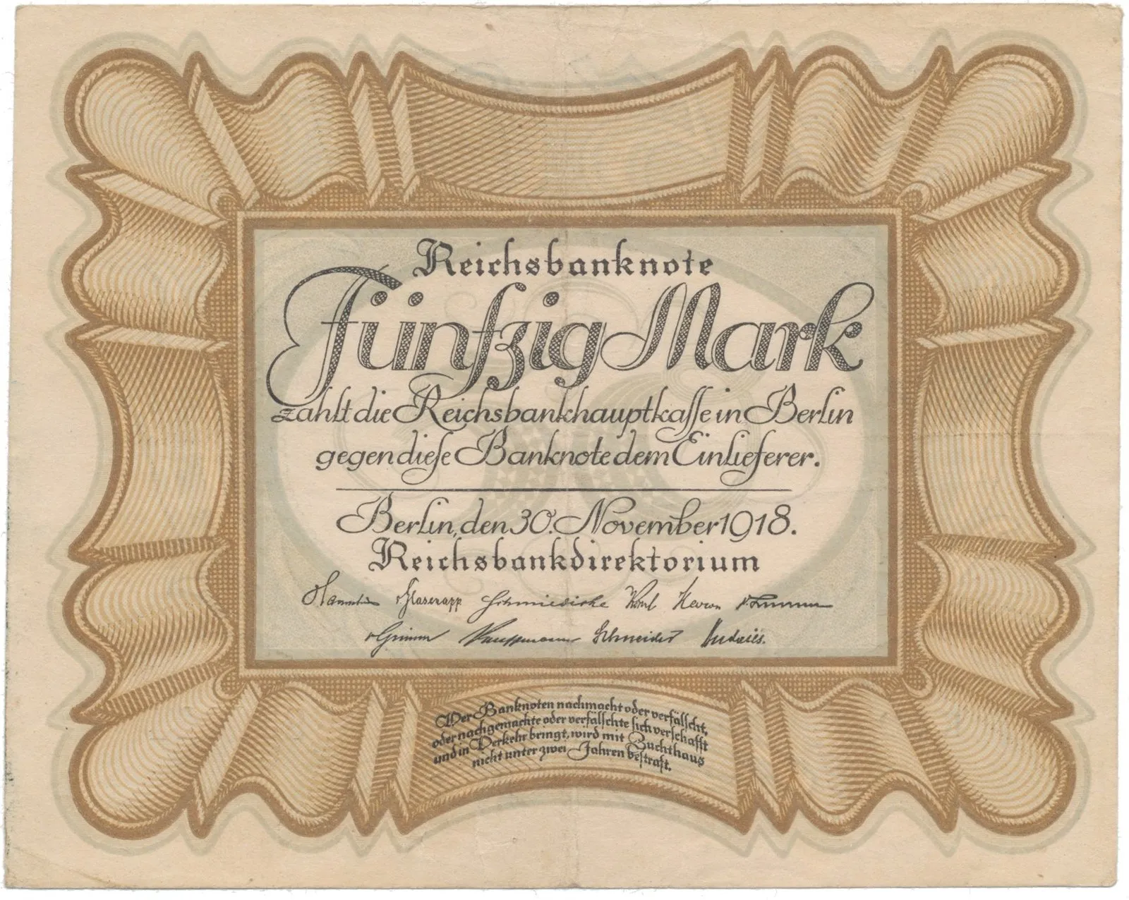 Německo, 50 Mark 1918, "EIERSCHEIN", nejvzácnější varianta, Ro.57c