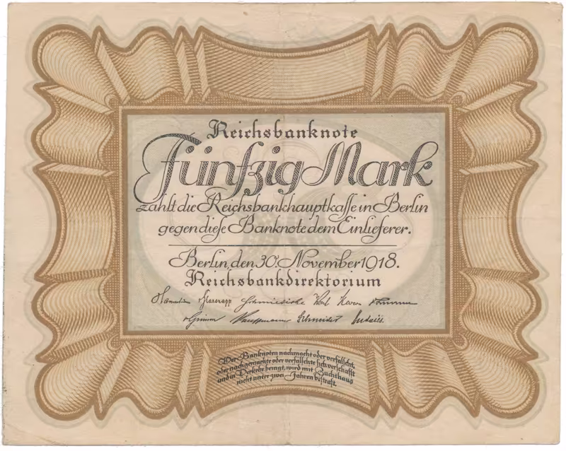 Německo, 50 Mark 1918, "EIERSCHEIN", nejvzácnější varianta, Ro.57c