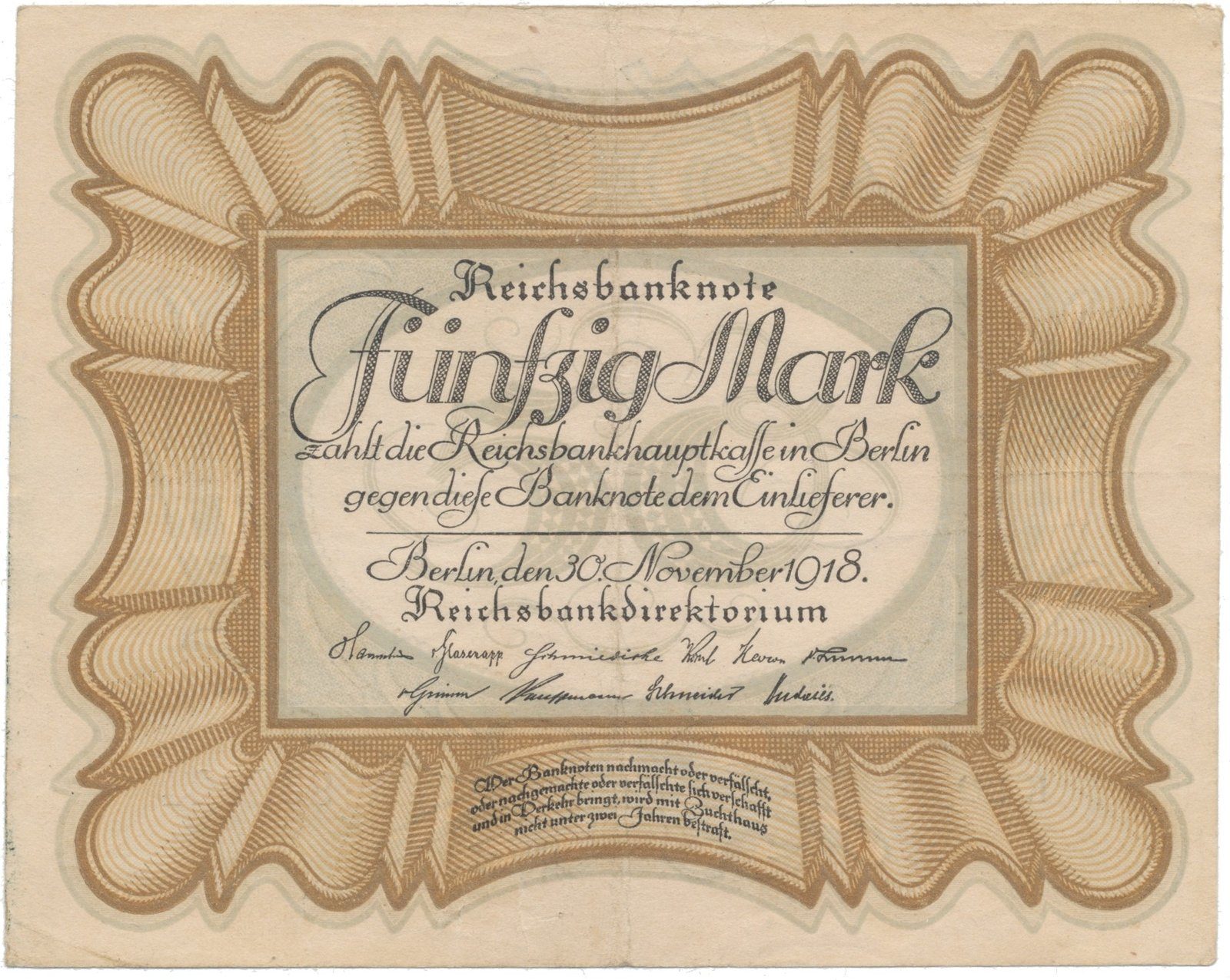 Německo, 50 Mark 1918, "EIERSCHEIN", nejvzácnější varianta, Ro.57c