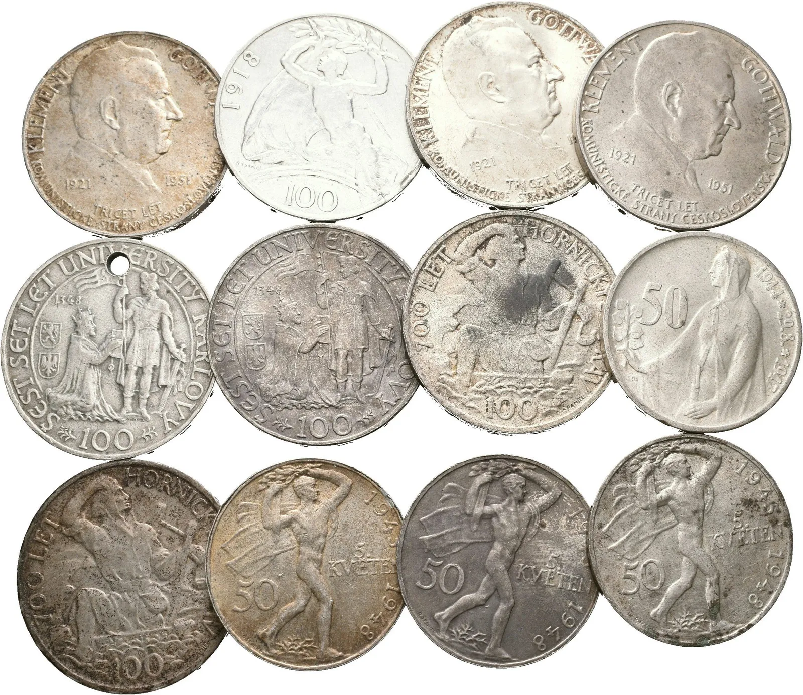 100 Kčs 1948 - 30. výročí ČSR, UK (2x), 100 Kč 1949 - Hornická práva (2x), 100 Kčs 1951 - — 1