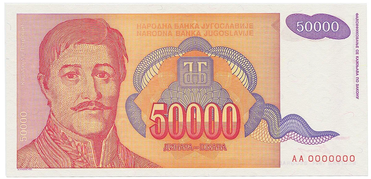 Jugoslávie, 50.000 Dinara 1994, anulát AA 0000000, P.142