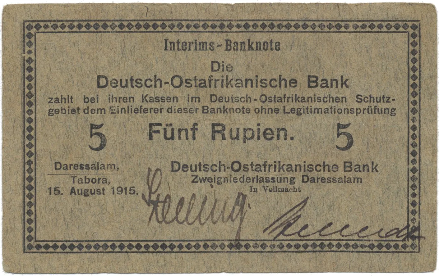 Německá Východní Afrika, 5 Rupien 15. 8. 1915, série B, R.910g