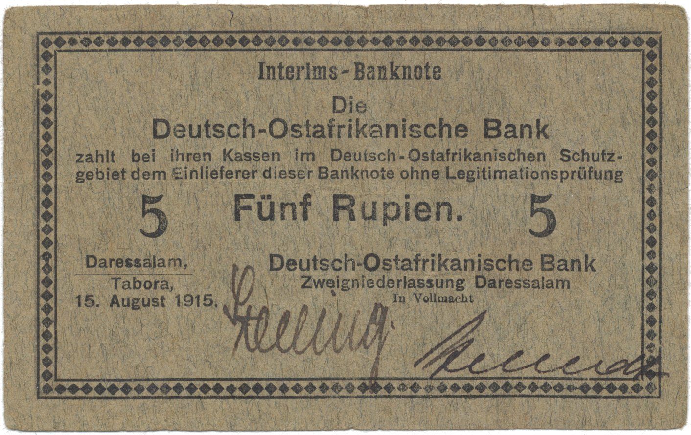Německá Východní Afrika, 5 Rupien 15. 8. 1915, série B, R.910g