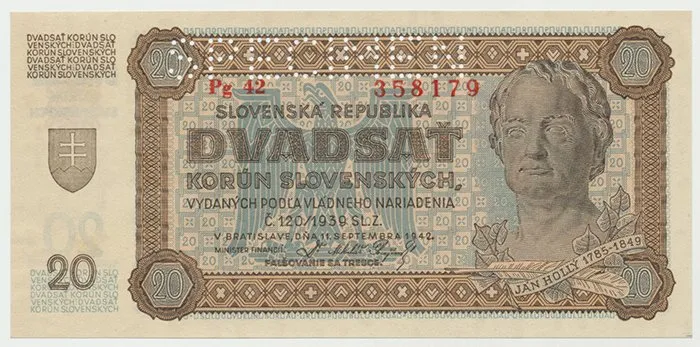 Slovensko, 20 Koruna 1942, perf. 1x SPECIMEN nahoře , Hej.53a2.S1