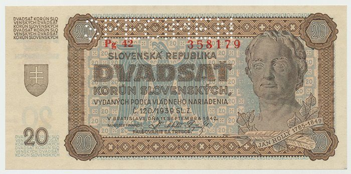 Slovensko, 20 Koruna 1942, perf. 1x SPECIMEN nahoře , Hej.53a2.S1