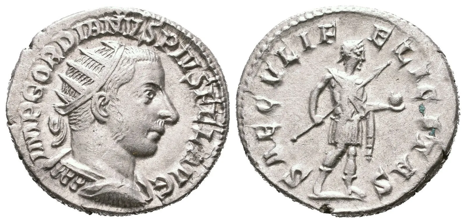 Antoninian, Antiochia, 242 - 244, Rv: SAECVLI FELICITAS, stojící císař s oštěpem — 1