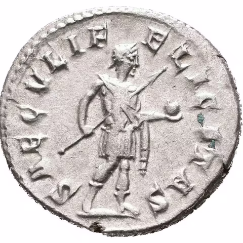 Antoninian, Antiochia, 242 - 244, Rv: SAECVLI FELICITAS, stojící císař s oštěpem